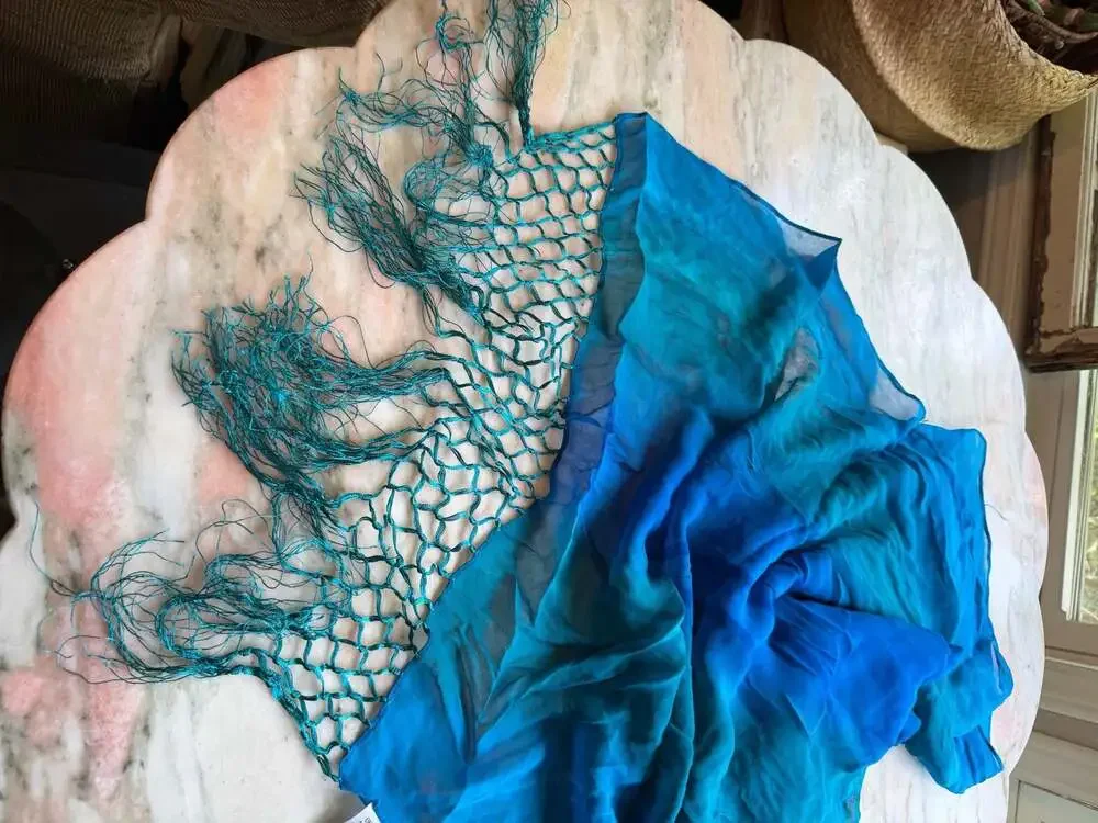 Blue Ombre 100% Silk Scarf with Crochet Fishnet Fringe
